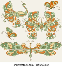 vector stylized dragonfly, butterflies, and peacock, can be used separately