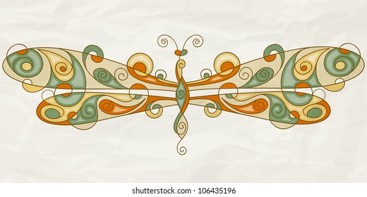 vector stylized dragonfly with detailed wings on crumpled paper texture, eps 10, mesh