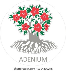 Vector stylized drawing of adenium. Many bright red buds on a thick trunk with green leaves