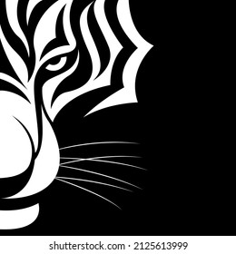 vector stylized drawing of half head of tiger isolated on black background. contrasting stripes. save tigers from extinction. useful for tattoo, poster, zoos, safari, nature reserves, t-shirt printing