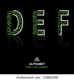 vector of stylized ECO-like alphabets and numbers of black background