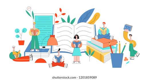 Vector stylized education concept people, objects set. Flat women, men standing, sitting legs crossed, lying reading book with pleasure and smile at face near books, pencils and florals.