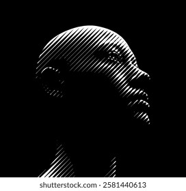 Vector stylized face with diagonal light and shadow effect. Portrait with high contrast black and white line art. Artistic woodcut style modern graphic design.