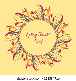 Vector Stylized Fantasy Tulips, wreath border. Happy Easter.