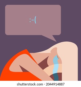 vector stylized flat design illustration of crying woman isolated on purple background. she is a victim of abuse, physical, mental or domestic violence. she is lonely, upset, not understood, depressed
