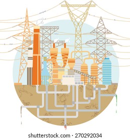 Vector stylized flat factory with high-voltage towers, cables and pipes