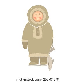 Vector stylized, flat illustration depicting joyous Eskimo after successful fishing.