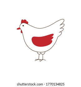 Vector stylized flat illustration - line silhouette of standing hen isolated on white background. Cute simple chicken in folk style for nature organic food products design - icons, logos or packaging