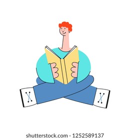 Vector stylized flat man in blue pants, green shirt sitting leg crossed reading book with pleasure and smile at face. Male character student holding symbol of education and knowledge