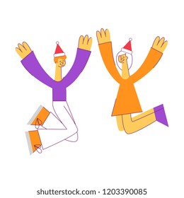 Vector stylized flat man and woman jumping dancing in party hat at birthday anniversary christmas party. Cheerful male, female characters having fun.