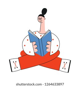 Vector stylized flat woman in red pants, white shirt sitting leg crossed reading book with pleasure and smile at face. Cute female character student holding symbol of education and knowledge