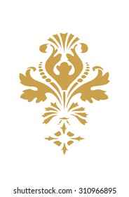  Vector stylized floral design element with gold flower and lush bloom, decorated in ethnic ornament. Isolated on white background for invitations, greeting cards, web page, pattern fills, or textile 