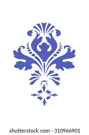  Vector stylized floral design element with blue flower and lush bloom, decorated in ethnic ornament. Isolated on white background for invitations, greeting cards, web page, pattern fills, or textile 