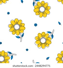 Estampado de líneas florales estilizadas en Vector. Flores lineales y Formas brillantes sobre fondo blanco. Dibujado a mano que repite adorno. Patrón sin costuras flor decorativa. 