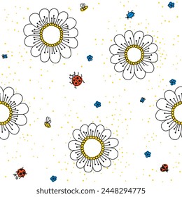 Vector stylized floral line print. Linear flowers and bright shapes on white background. Decorative flower seamless pattern. Hand drawn repeating ornament.
