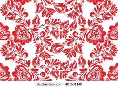 Vector stylized floral seamless pattern. Red and white background