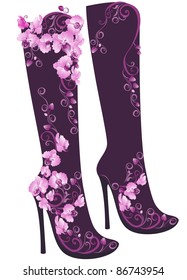 Vector stylized floral shoes. High heel decorated of flowers