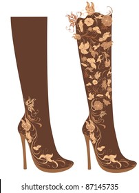 Vector stylized floral shoes. High heel decorated of flowers
