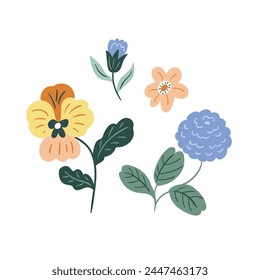 Vector stylized flower set isolated on white background. Floral design elements. Illustration of pansies, bell, chrysanthemum in hand-drawn style. Flower collection.