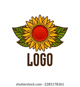 Vektorstylisierte Blütenblume. Farbe Rot und Grün auf dem Modell. Umriss- und Textbraun. Symmetrische Blätter. Logo aus gepolstertem Glas.