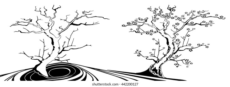 Vector. Stylized flowering tree with the road.
