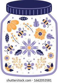 Vector stylized flowers and bees in a glass jar.
