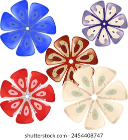 Vector stylized flowers in blue, red, yellow tones.