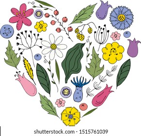 Vector stylized flowers laid out in heart shape