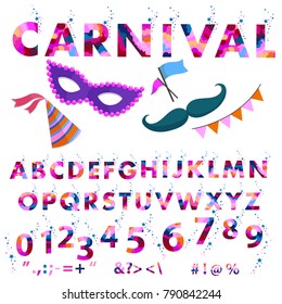 Vector of stylized font and alphabet. arnival alphabet colorful sticker alphabet with number and plus, minus, division, multiplication, quotation marks, equals. olorl letters for card, banners