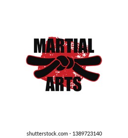 Vector stylized font with black belt  knot of martial arts on white background with japanese red ink stamp - hanko. Hand drawn sport calligraphy logo, icon, sign