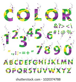 Vector of stylized font with confetti and alphabet. Color mardi gras of carnival. Vector illustration