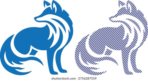 Vector stylized fox silhouette - blue and hatching detail vector
