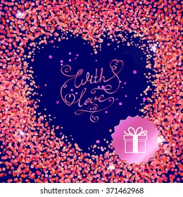 vector stylized frame in shape of a heart made of tiny pink confetti