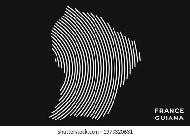Vector of Stylized French Guinea Map in Simple Striped White Flat Line on Black Background.