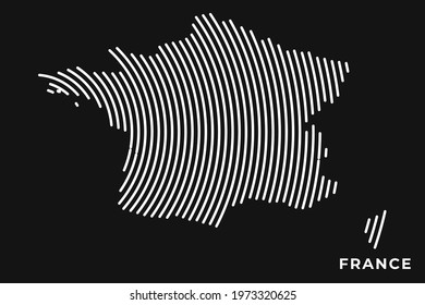 Vector of Stylized French Map in Simple Striped White Flat Line on Black Background.