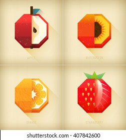 Vector stylized fruits set in vintage design. Flat summer fruits icon. Fun colorful card or picture for juice,menu, shirt illustration. Apple, peach and orange, strawberry graphic element logo.