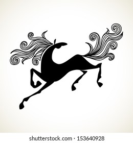 Vector stylized galloping horse with a mane and tail waving. Symbol of new year 2014 in Chinese calendar. Black and white decorative cute illustration for print, web