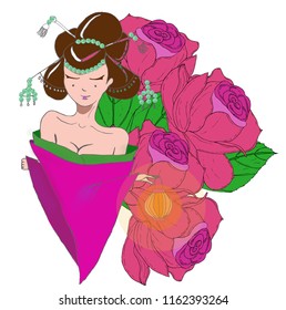 Vector stylized geisha girl with lantern on rose background. Lady in the garden.
