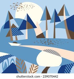 Vector stylized geometric landscape in cool shades