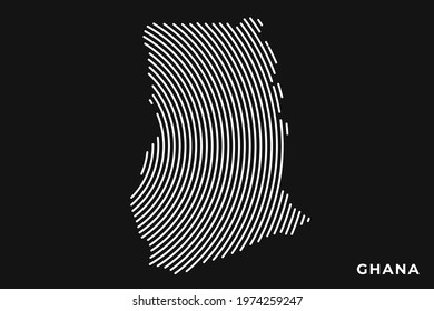 Vector of Stylized Ghana Map in Simple Striped White Flat Line on Black Background.