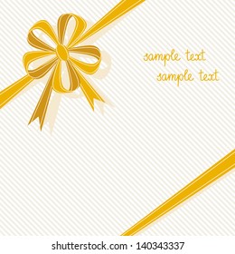 Vector stylized gift box with gold ribbon, bow in form of flower. Light festive background for invitation, greeting card. Simple abstract holiday decorative illustration with text box for print, web
