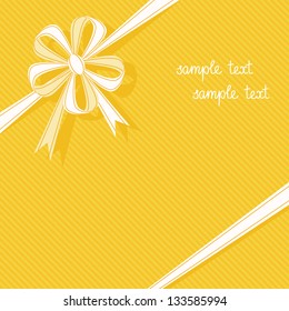 Vector stylized gift box with ribbon and bow in form of flower. Gold festive simple background for invitation, greeting card. Abstract holiday decorative cute illustration with text box for print, web