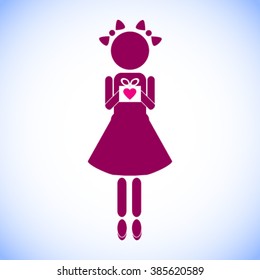 Vector stylized girl silhouette. Girl with bows icon. Woman holding a present in her hands. Woman with gift box. Present box with heart symbol. Giving presents concept. Accepting presents concept.