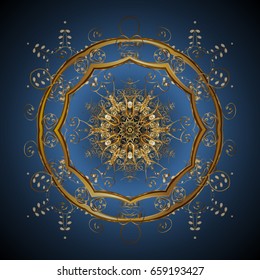 Vector with stylized gold snowflakes. Snow crystal regular texture. Winter, New Year, Christmas simple design on a colorful background. Snowflake doodles.