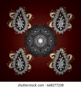 Vector with stylized gold snowflakes. Snow crystal regular texture. Winter, New Year, Christmas simple design on a brown background. Snowflake doodles.