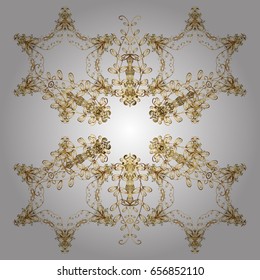 Vector with stylized gold snowflakes. Winter, New Year, Christmas simple design on a white background. Snowflake doodles. Snow crystal regular texture.