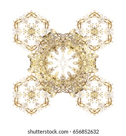 Vector with stylized gold snowflakes. Winter, New Year, Christmas simple design on a white background. Snowflake doodles. Snow crystal regular texture.