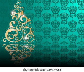 Vector stylized golden Christmas tree on damask background
