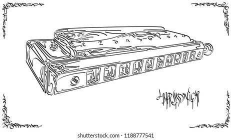 Vector stylized graphic arts sketch of drawing harmonica.