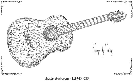 Vector stylized graphic arts sketch of drawing flamenco guitar.